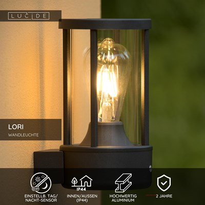 Lucide LORI - Wandleuchte Innen/Außen - Ø 12 cm - 1xE27 - IP44 - Tag/Nacht-Sensor - Anthrazit